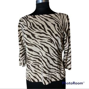 brown/cream zebra stripes silk sweater 3/4 sleeve size XL Elizabeth NY